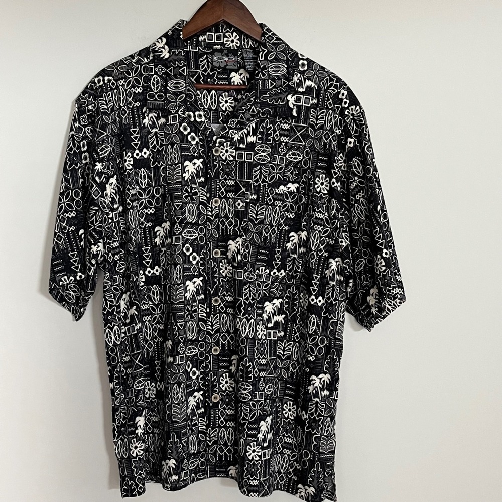 Op Ocean Pacific Mens Black White Tribal Tropical Palm Tree Rayon Blend Shirt M